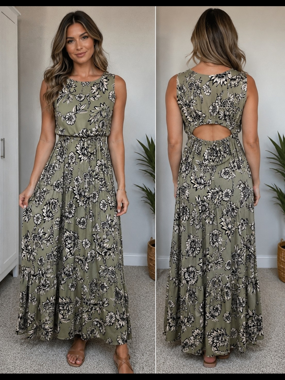 Olive Floral Maxi Dress with Back Cutout